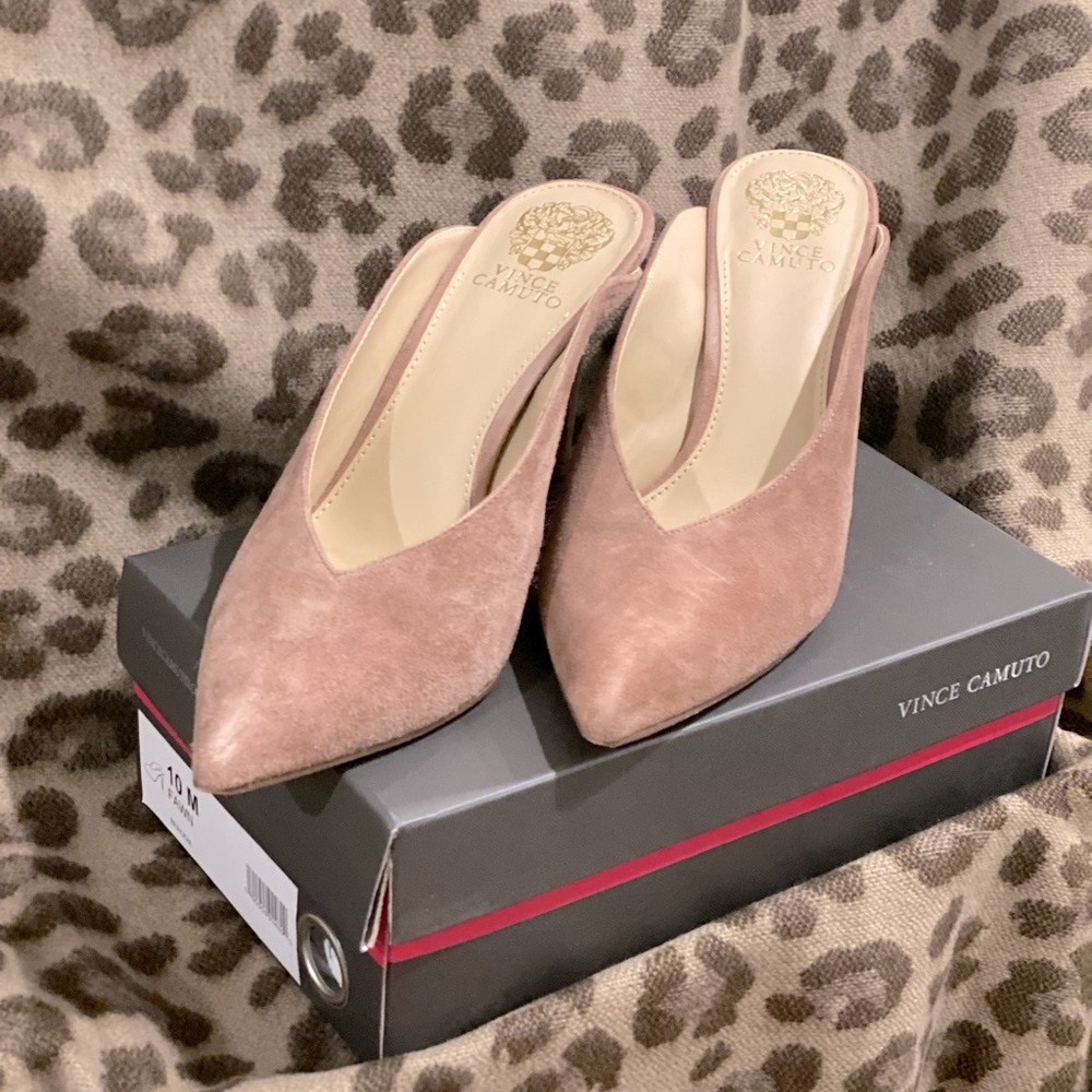 COPY - Vince Camuto high heel mule. Fawn colored suede.